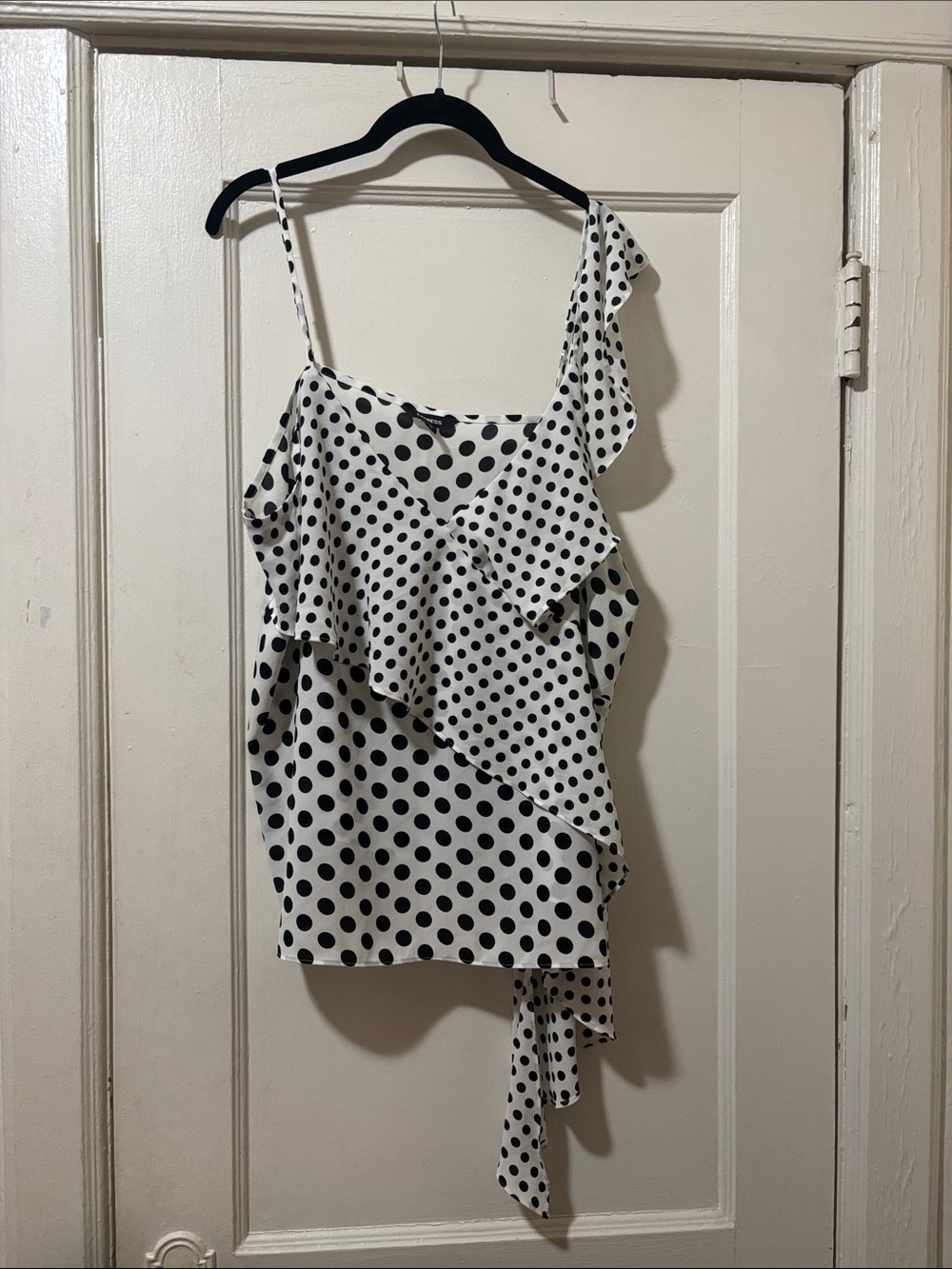 Express Black and White Polka Dot Asymmetric Ruffle Dress